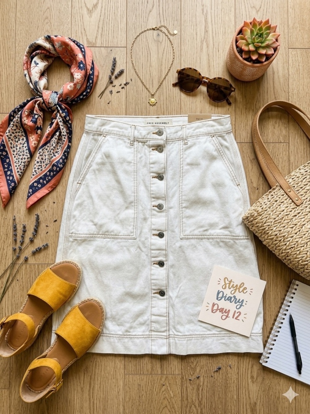Free Assembly Cream Button-Front A-Line Denim Skirt